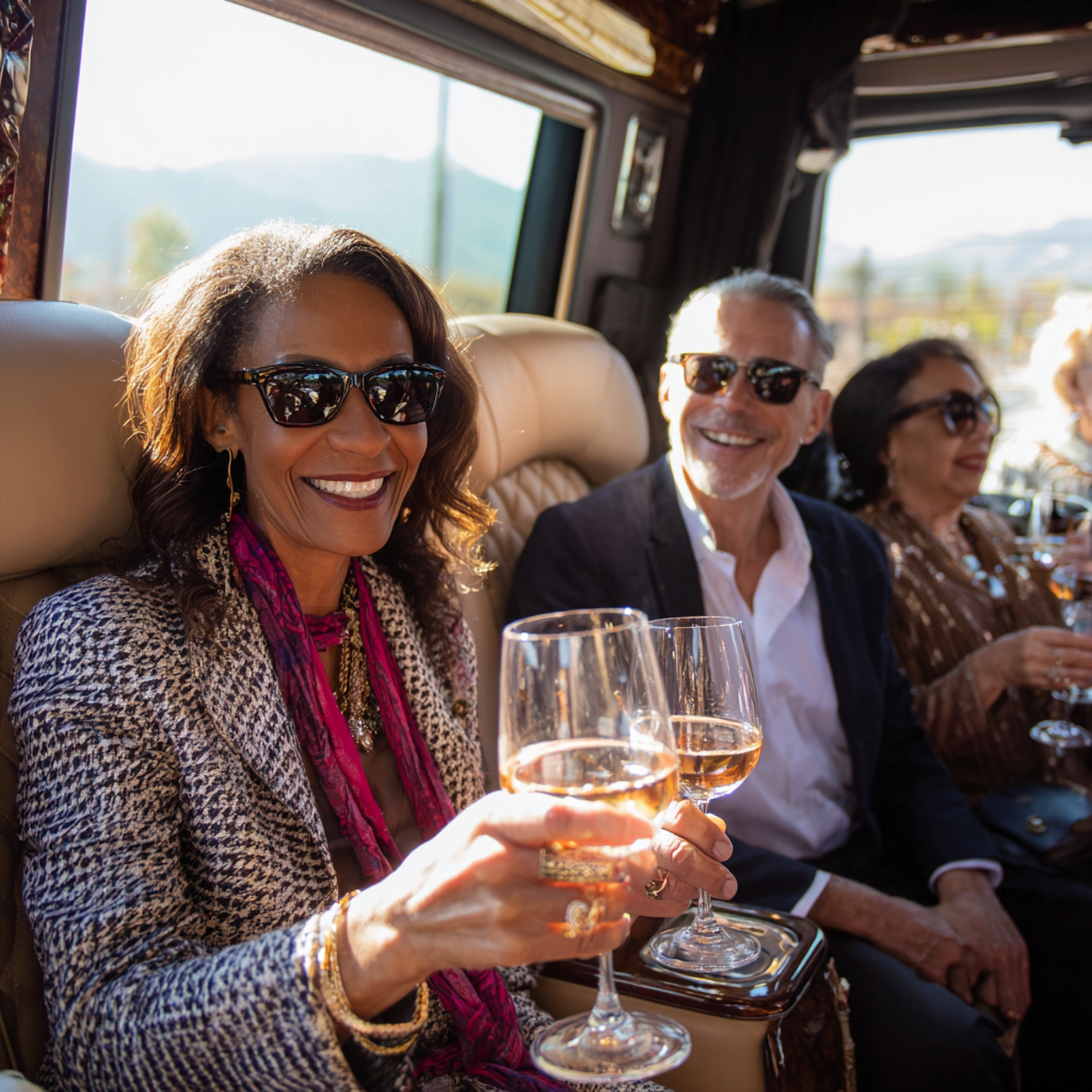 Wine tour guests enjoying wine in luxury vehicle